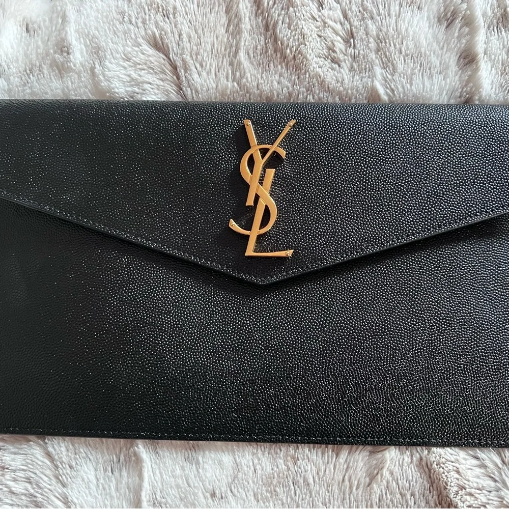 Yves Saint Laurent Black Clutch with Gold Logo - Picture 3 of 11